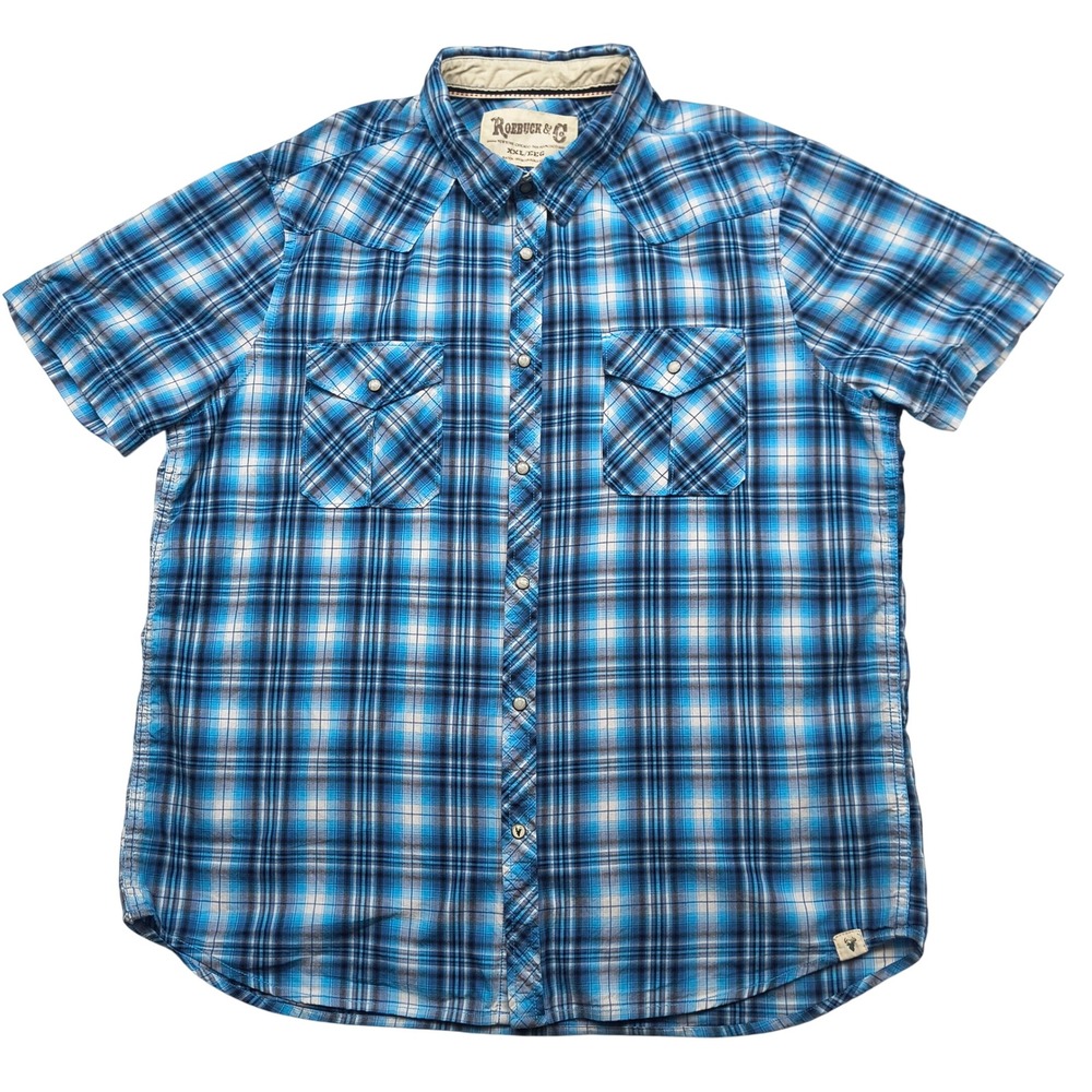 Roebuck & Co Mens XXL Blue Plaid Western Pearl‎ Snap Short Sleeve Button Shirt